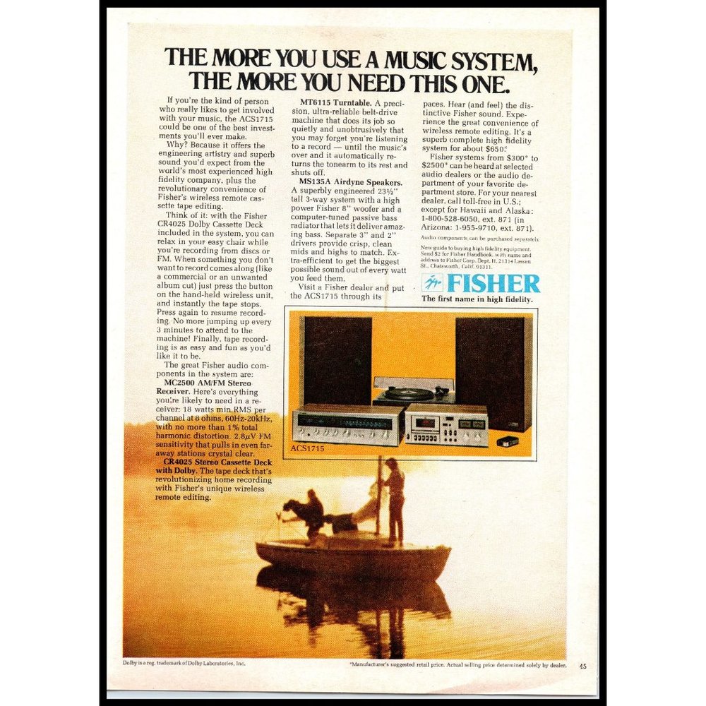 1978 Fisher ACS1715 Stereo Receiver Vintage Print Ad Sailboat Audiophile 70s Art